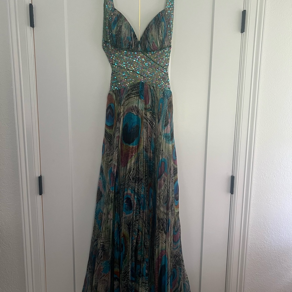 Jovani Pleated Green and Blue V-Neck Prom Dress